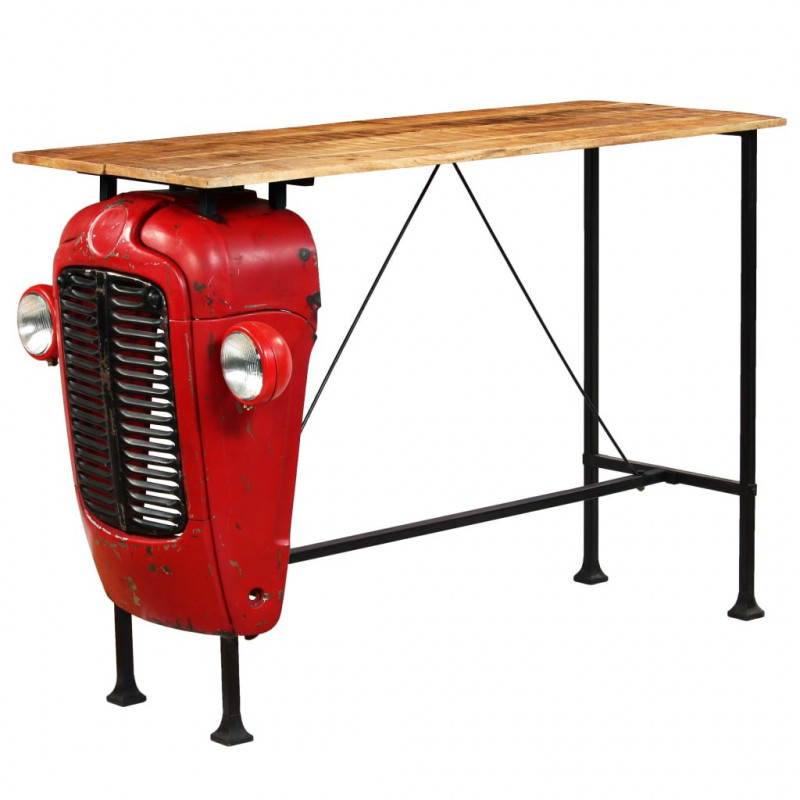 Stolik barowy traktor, drewno mango, czerwony, 60x150x107 cm