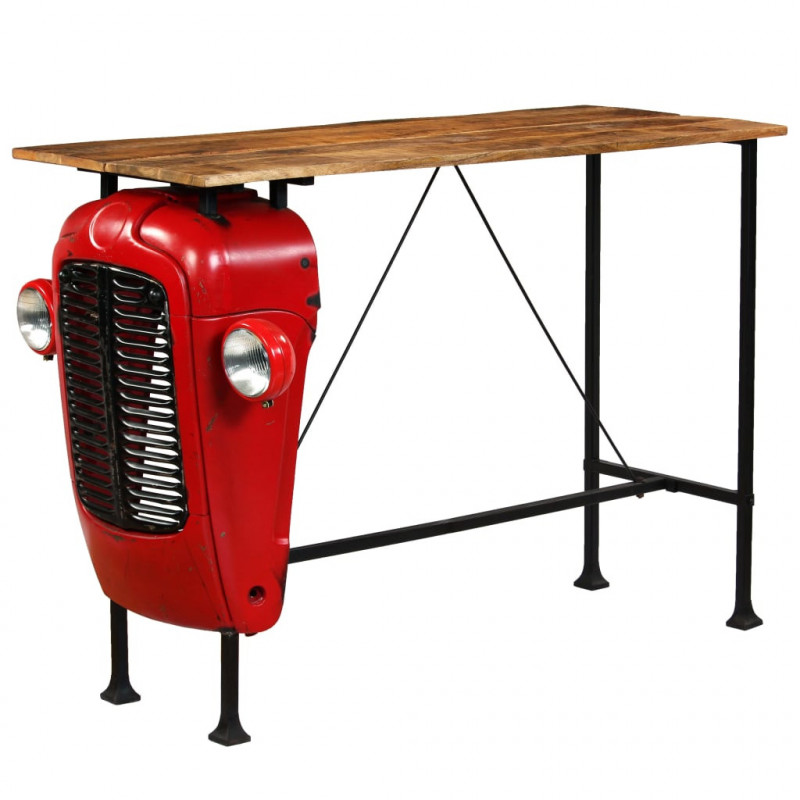 Stolik barowy traktor, drewno mango, czerwony, 60x150x107 cm