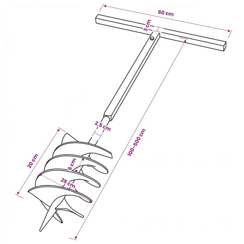 Świder glebowy z uchwytem, 200 mm, przedłużany, 5 m, stal