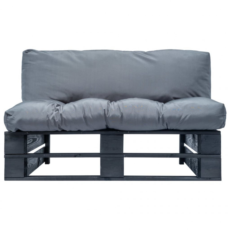 Sofa ogrodowa z palet z szarymi poduszkami, sosna