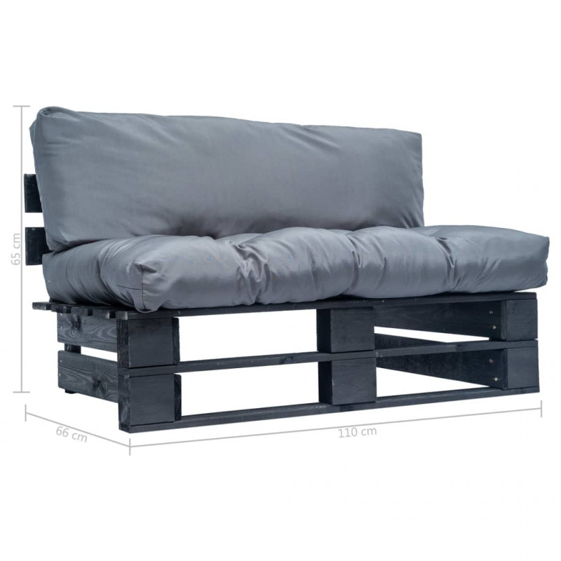 Sofa ogrodowa z palet z szarymi poduszkami, sosna