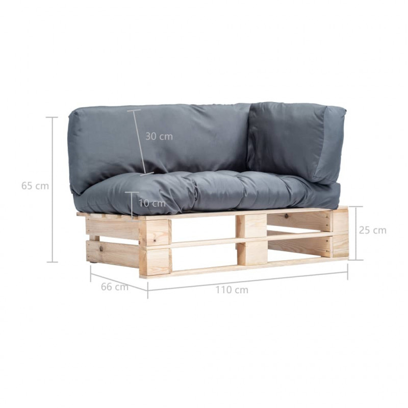 Ogrodowa sofa z palet, z szarymi poduszkami, sosna