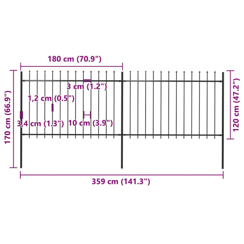 Ogrodzenie z prętów z grotami, stalowe, 3,4 x 1,2 m, czarne