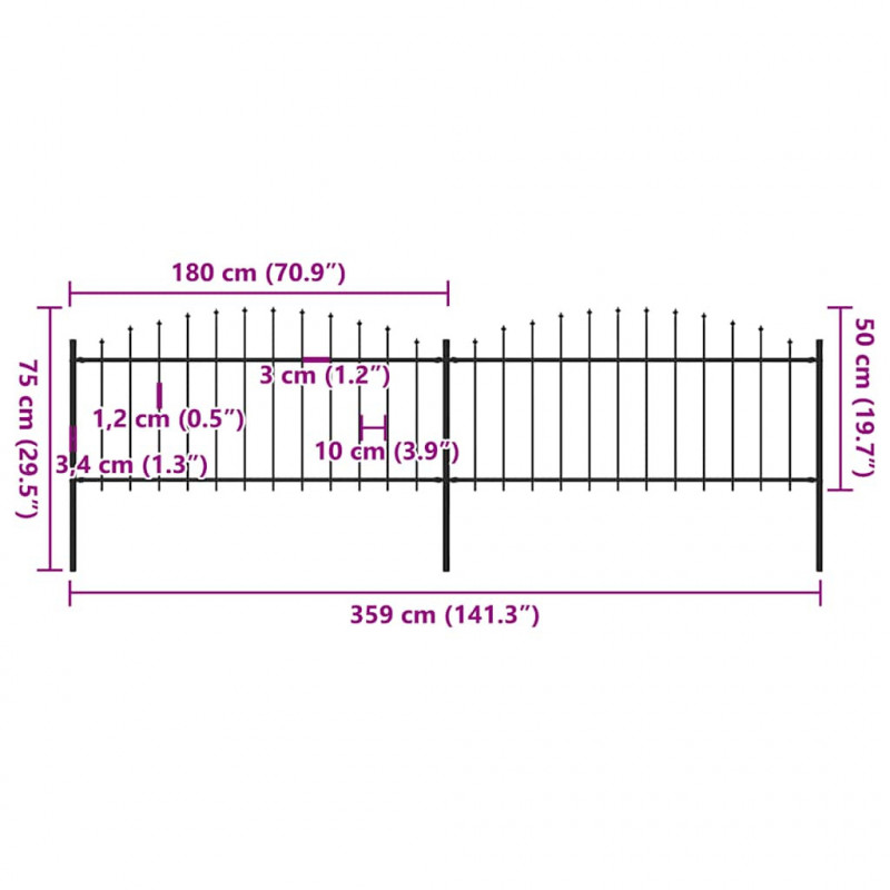 Panele ogrodzeniowe z grotami, stal, (0,5-0,75) x 3,4 m, czarne