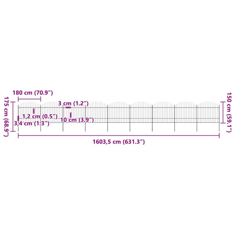 Panele ogrodzeniowe z grotami, stal, (1,5-1,75) x 15,3 m, czarne