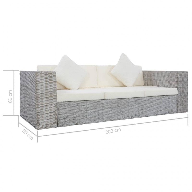 3-osobowa sofa z poduszkami, szara, naturalny rattan