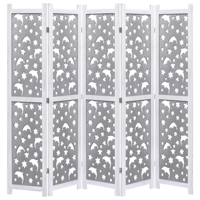 Parawan 5-panelowy, szary, 175 x 165 cm, lite drewno