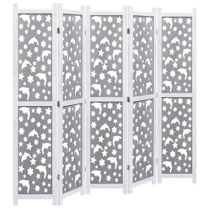 Parawan 5-panelowy, szary, 175 x 165 cm, lite drewno