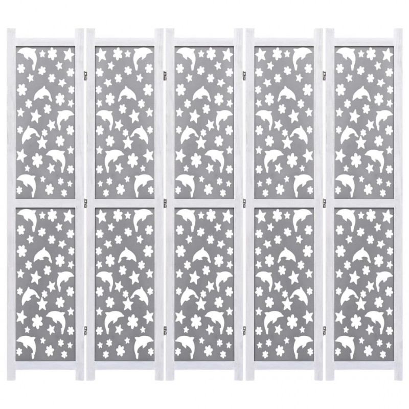 Parawan 5-panelowy, szary, 175 x 165 cm, lite drewno