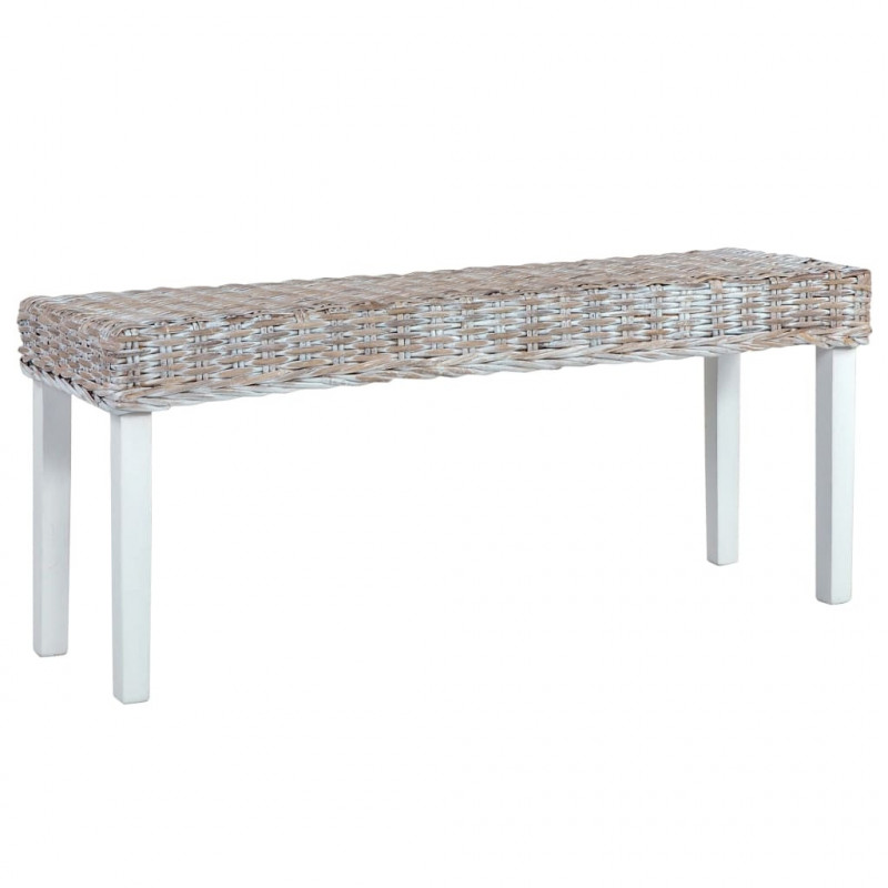 Ławka, 110 cm, biała, rattan kubu i lite drewno mahoniowe