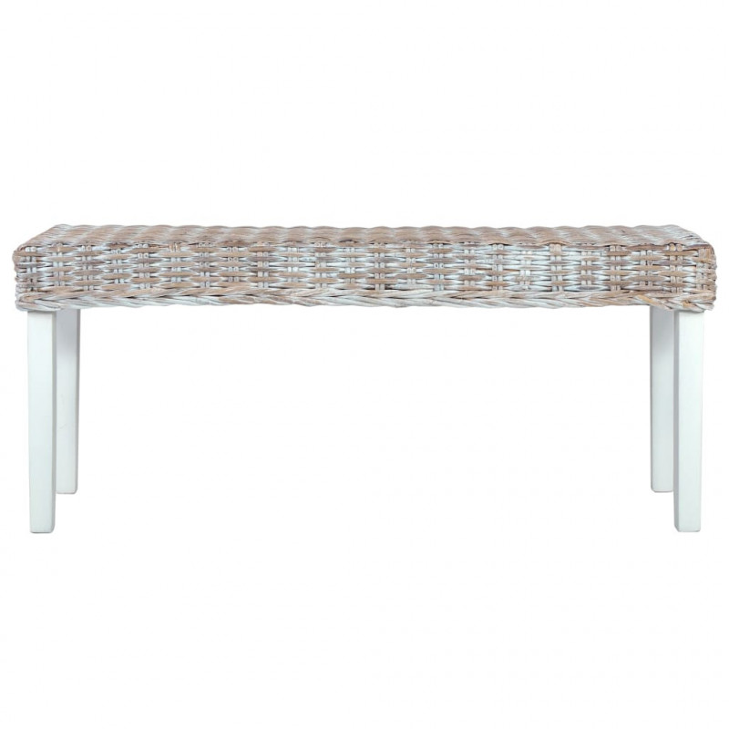 Ławka, 110 cm, biała, rattan kubu i lite drewno mahoniowe
