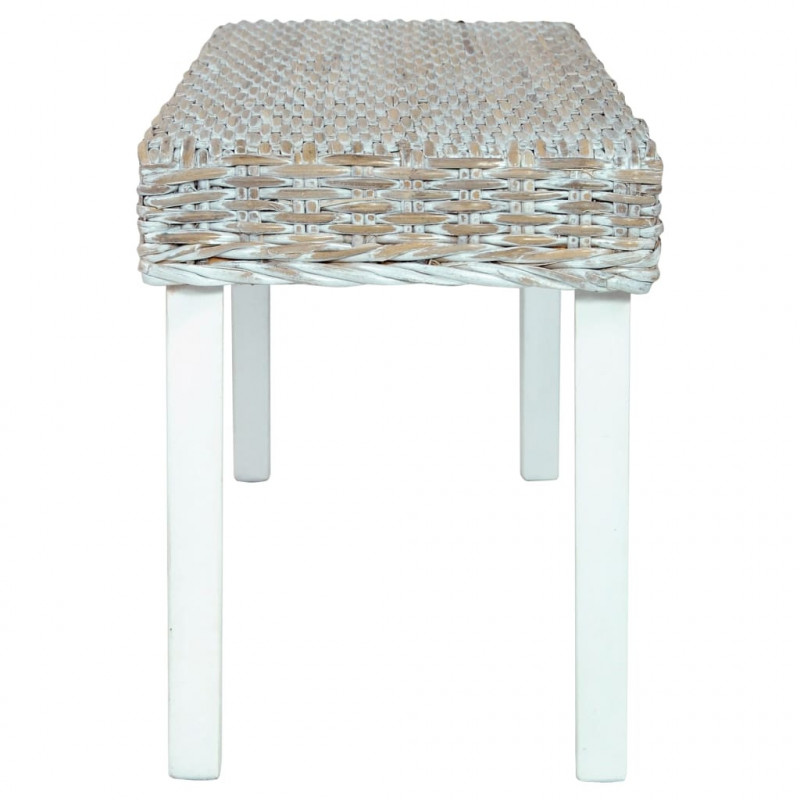 Ławka, 110 cm, biała, rattan kubu i lite drewno mahoniowe