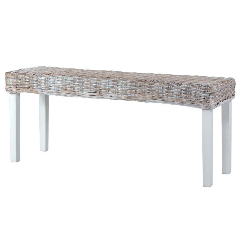 Ławka, 110 cm, biała, rattan kubu i lite drewno mahoniowe