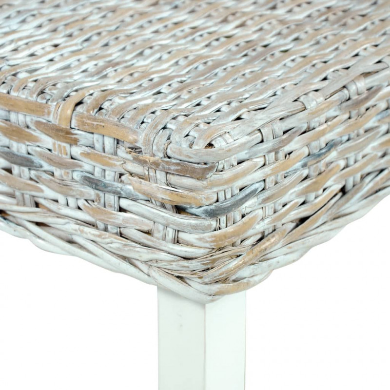 Ławka, 110 cm, biała, rattan kubu i lite drewno mahoniowe