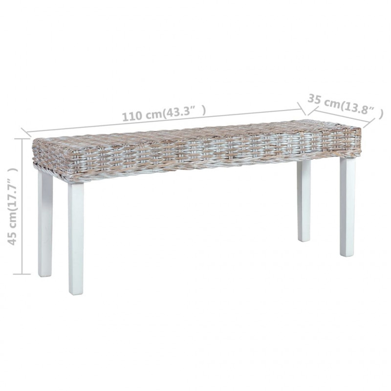 Ławka, 110 cm, biała, rattan kubu i lite drewno mahoniowe