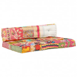 Sofa z poduszek na paletę, tkanina, wielokolorowy patchwork