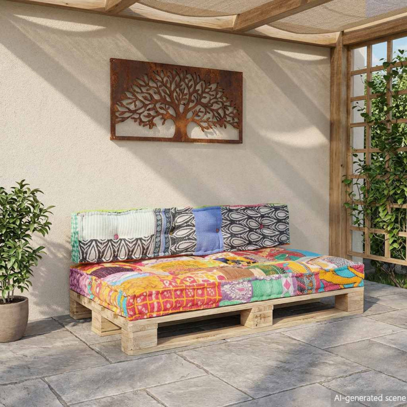 Sofa z poduszek na paletę, tkanina, wielokolorowy patchwork