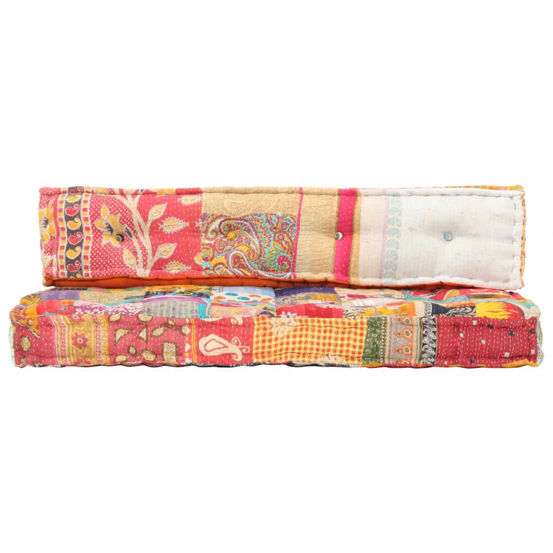 Sofa z poduszek na paletę, tkanina, wielokolorowy patchwork