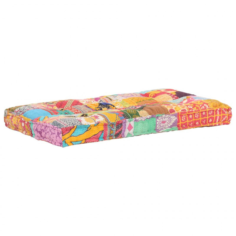 Sofa z poduszek na paletę, tkanina, wielokolorowy patchwork