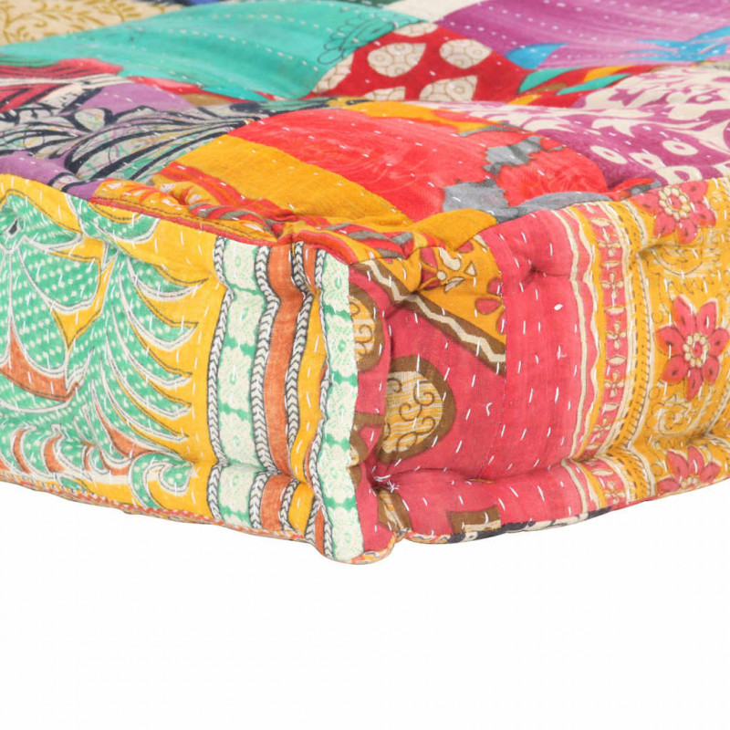 Sofa z poduszek na paletę, tkanina, wielokolorowy patchwork