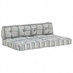 Sofa z poduszek na paletę, tkanina, szary patchwork