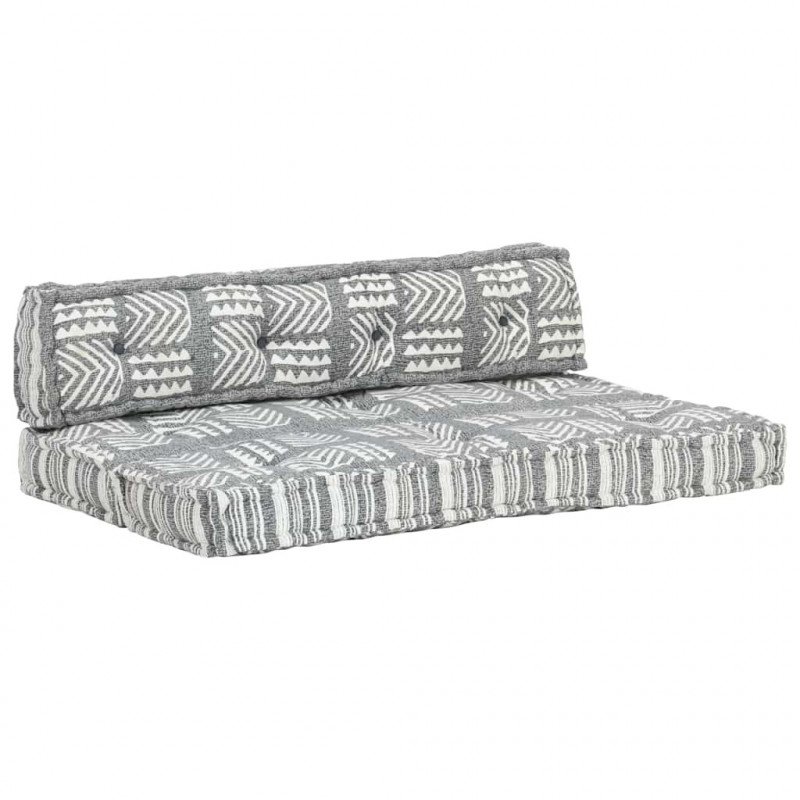 Sofa z poduszek na paletę, tkanina, szary patchwork