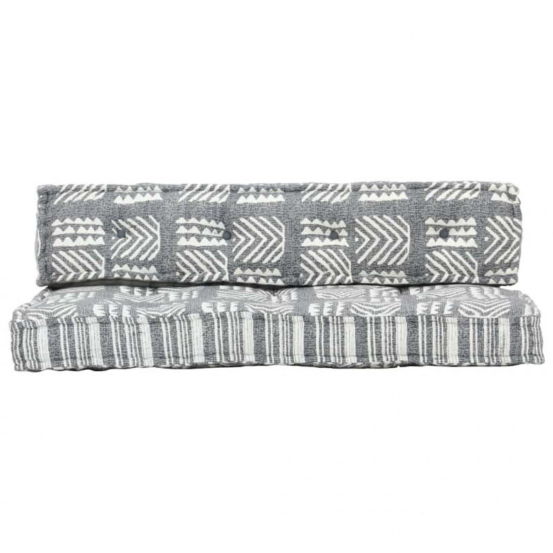 Sofa z poduszek na paletę, tkanina, szary patchwork