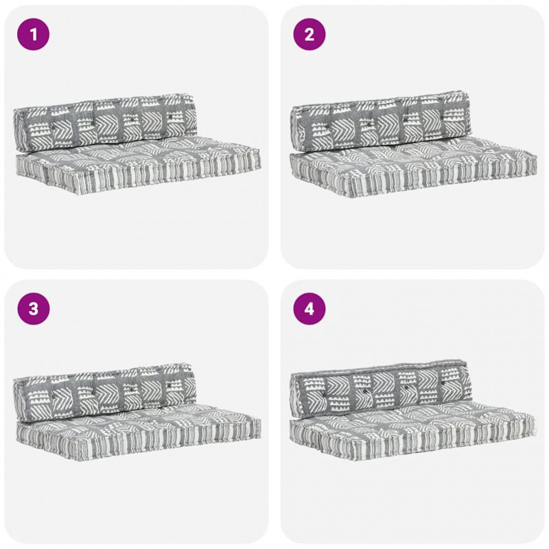 Sofa z poduszek na paletę, tkanina, szary patchwork