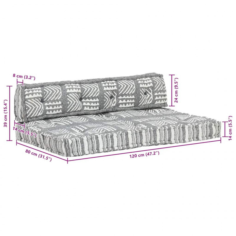 Sofa z poduszek na paletę, tkanina, szary patchwork