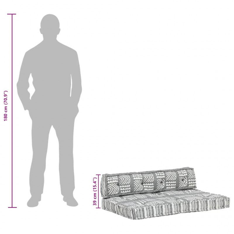 Sofa z poduszek na paletę, tkanina, szary patchwork