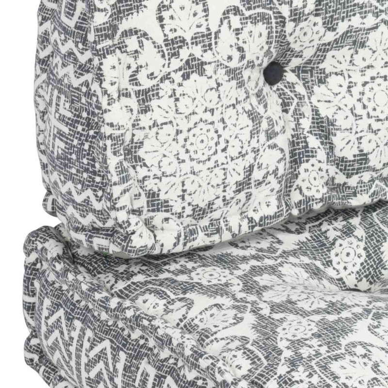 Sofa z poduszek na paletę, tkanina, jasnoszary patchwork