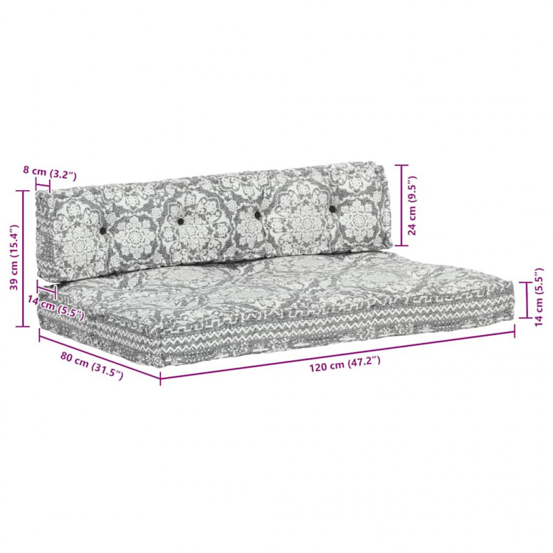 Sofa z poduszek na paletę, tkanina, jasnoszary patchwork