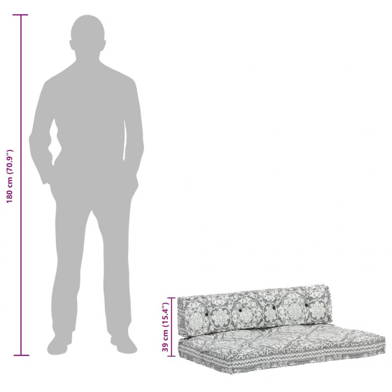 Sofa z poduszek na paletę, tkanina, jasnoszary patchwork