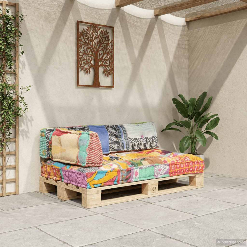 Sofa z poduszek na paletę, tkanina, wielokolorowy patchwork