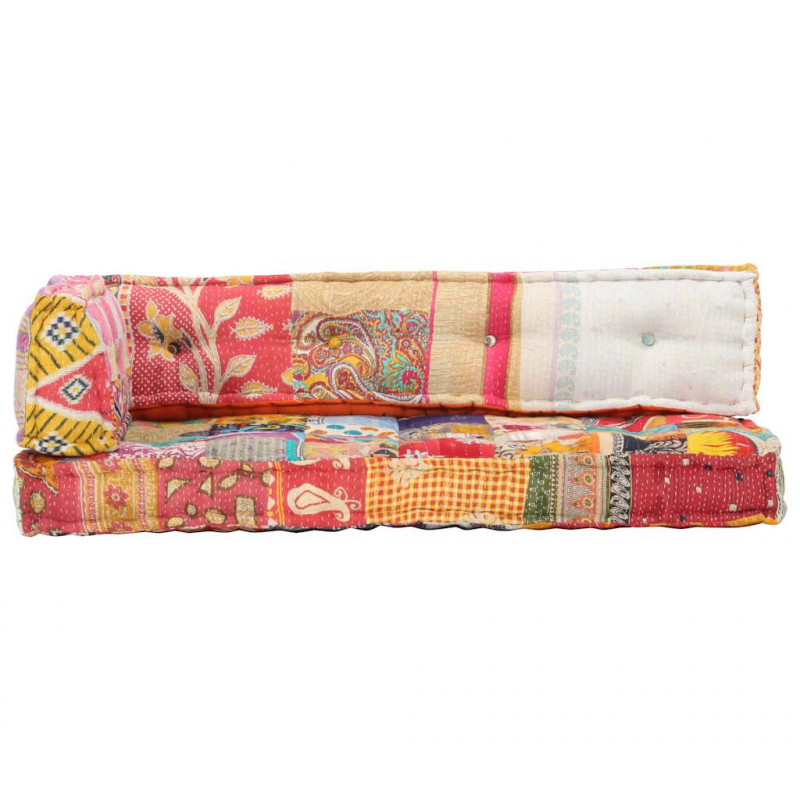 Sofa z poduszek na paletę, tkanina, wielokolorowy patchwork