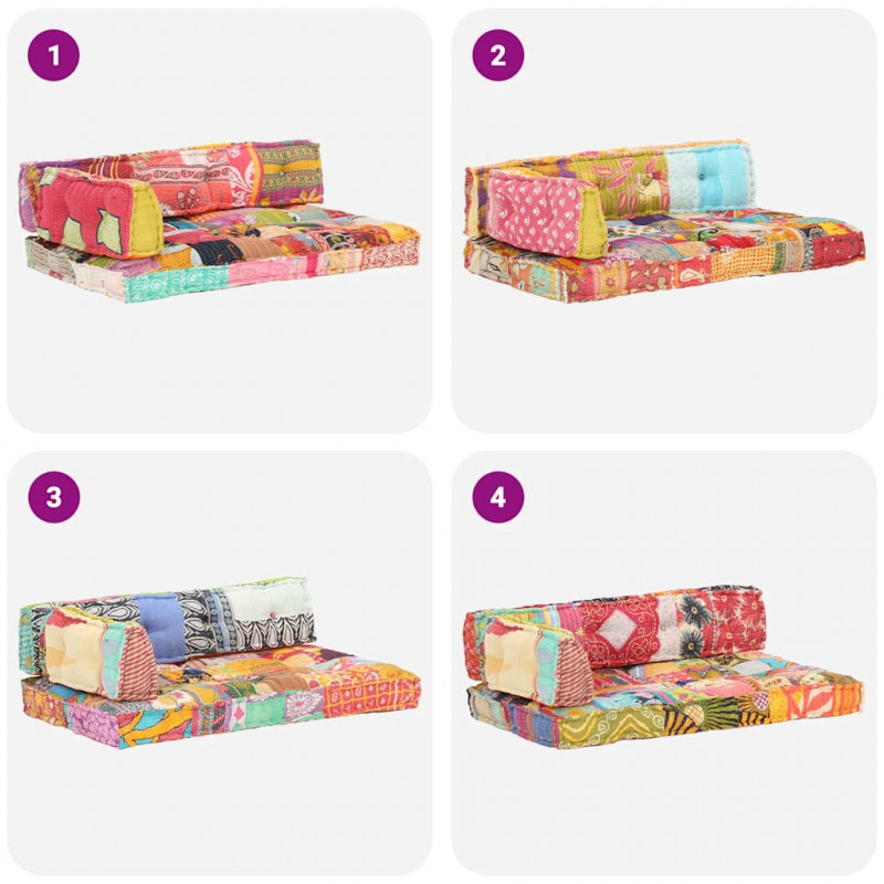 Sofa z poduszek na paletę, tkanina, wielokolorowy patchwork
