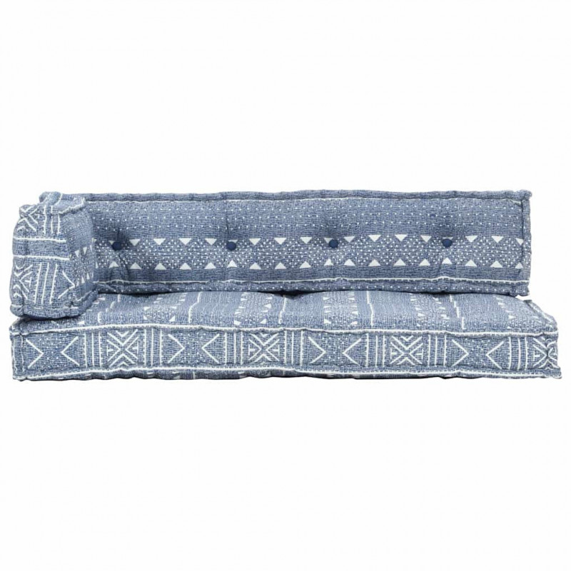 Sofa z poduszek na paletę, tkanina, indygo patchwork
