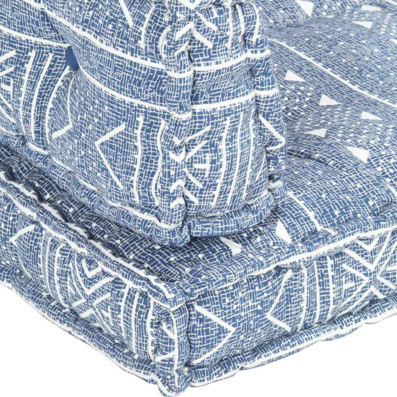 Sofa z poduszek na paletę, tkanina, indygo patchwork