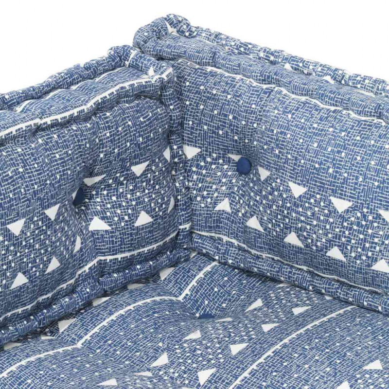 Sofa z poduszek na paletę, tkanina, indygo patchwork
