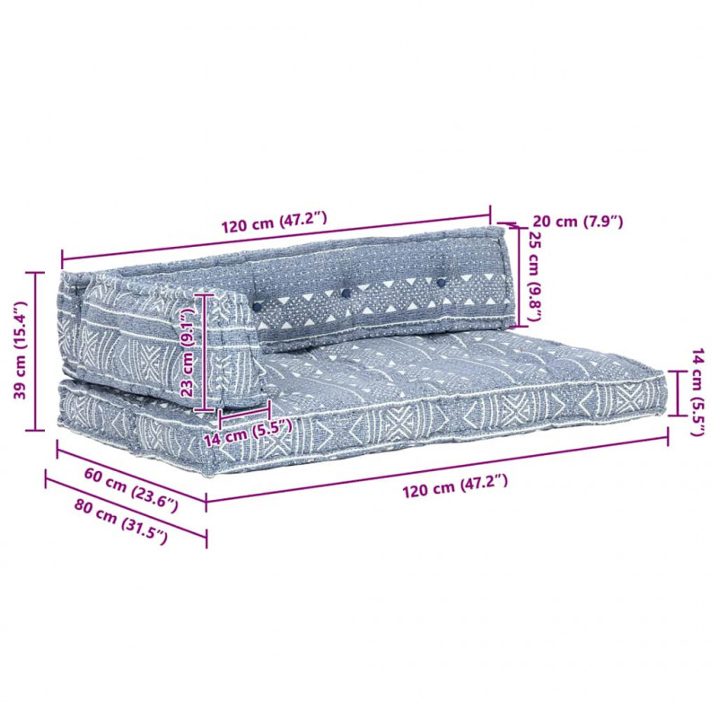 Sofa z poduszek na paletę, tkanina, indygo patchwork