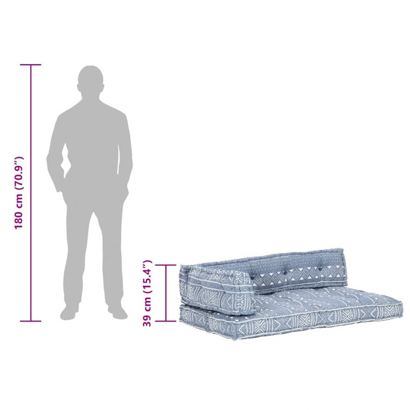 Sofa z poduszek na paletę, tkanina, indygo patchwork