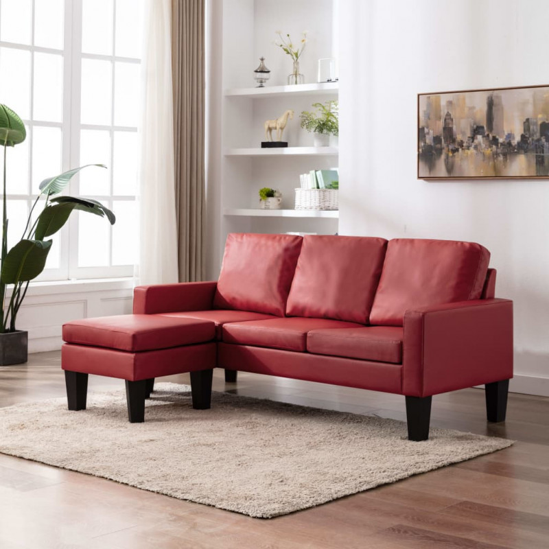3-osobowa sofa z podnóżkiem, winna czerwień, sztuczna skóra