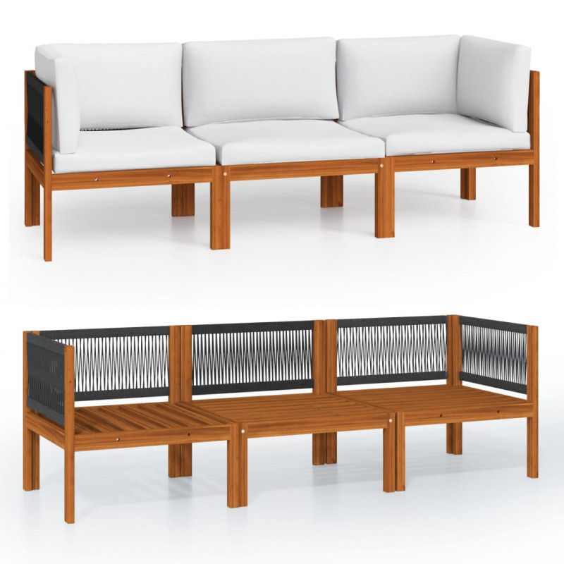 3-osobowa sofa ogrodowa z poduszką, drewno akacjowe i lina