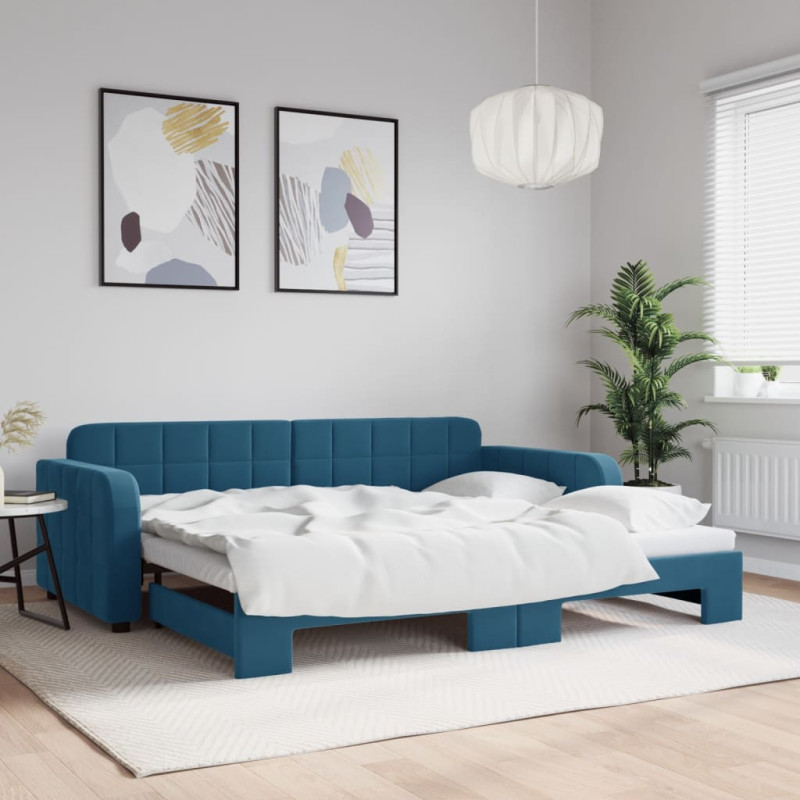 Sofa rozsuwana, niebieska, 90x200 cm, aksamit