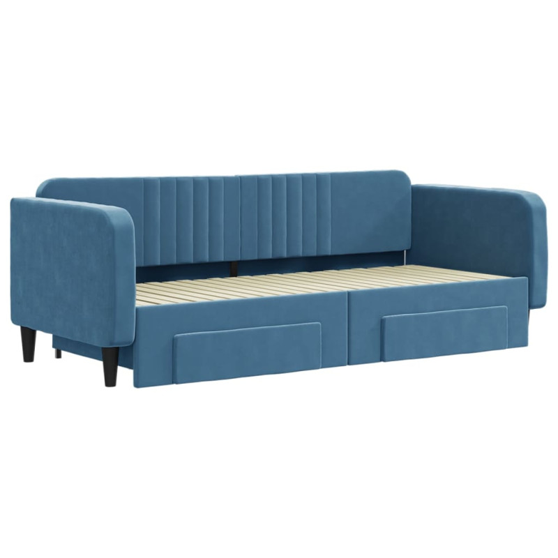Sofa rozsuwana z szufladami, niebieska, 90x200 cm, aksamit