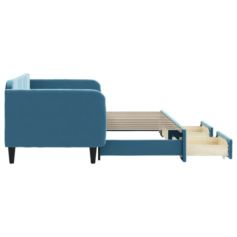 Sofa rozsuwana z szufladami, niebieska, 90x200 cm, aksamit