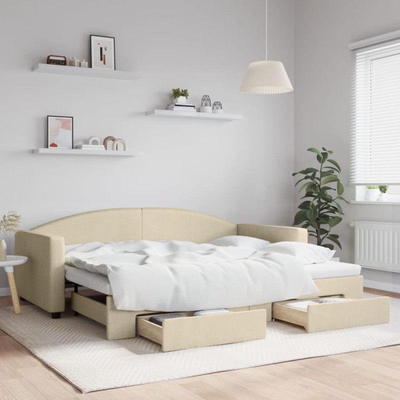 Sofa rozsuwana z szufladami, kremowa, 90x200 cm, tkanina