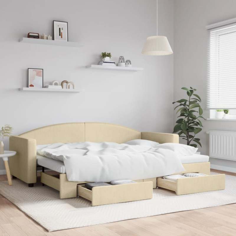 Sofa rozsuwana z szufladami, kremowa, 80x200 cm, tkanina