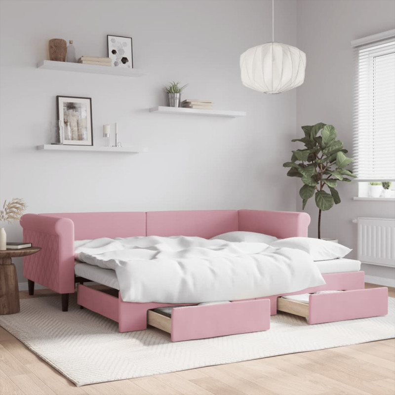 Sofa rozsuwana z szufladami, różowa, 90x200 cm, aksamit