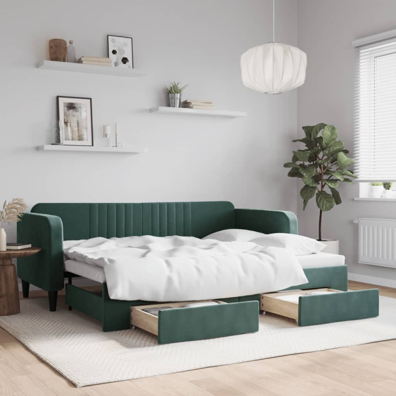 Sofa rozsuwana z szufladami, ciemnozielona, 80x200 cm, aksamit